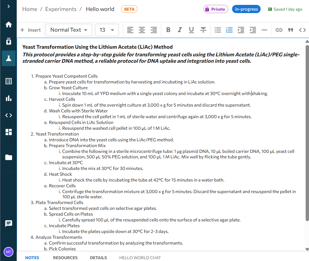 Cypher ELN experiment record with linked data and analyses