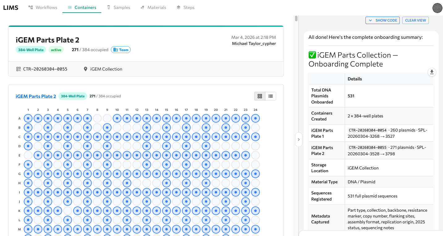 Cypher LIMS plate map and workflow lineage view