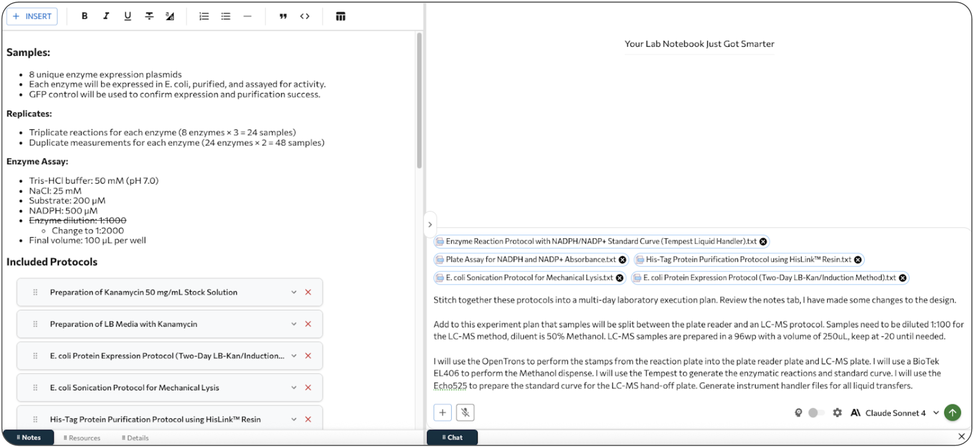 Experiment notebook interface showing embedded protocols and files