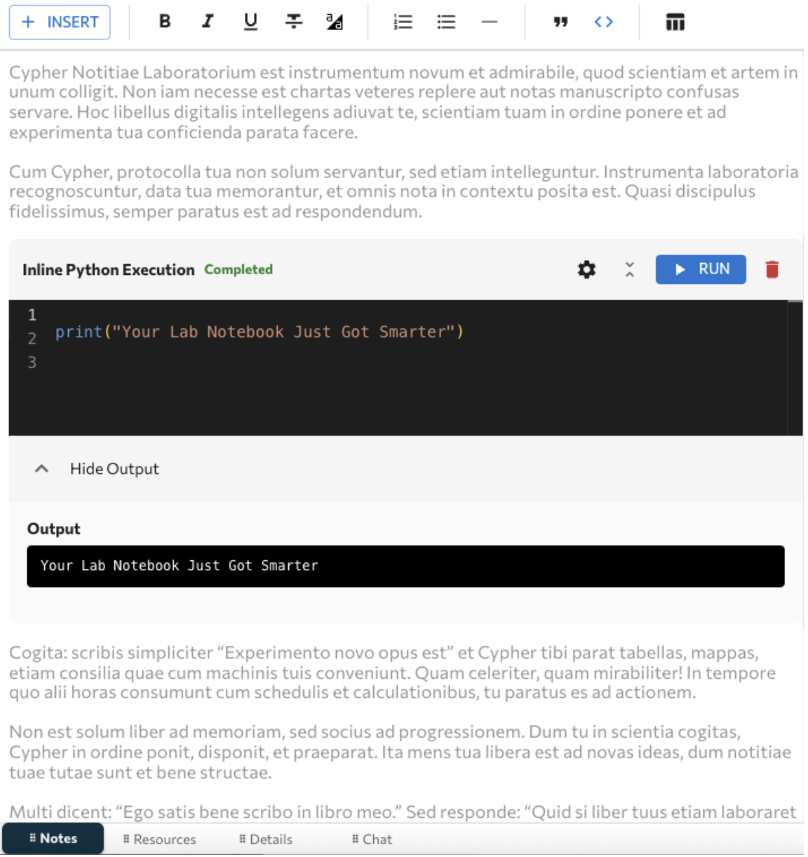 Multi-panel workspace view with Python execution